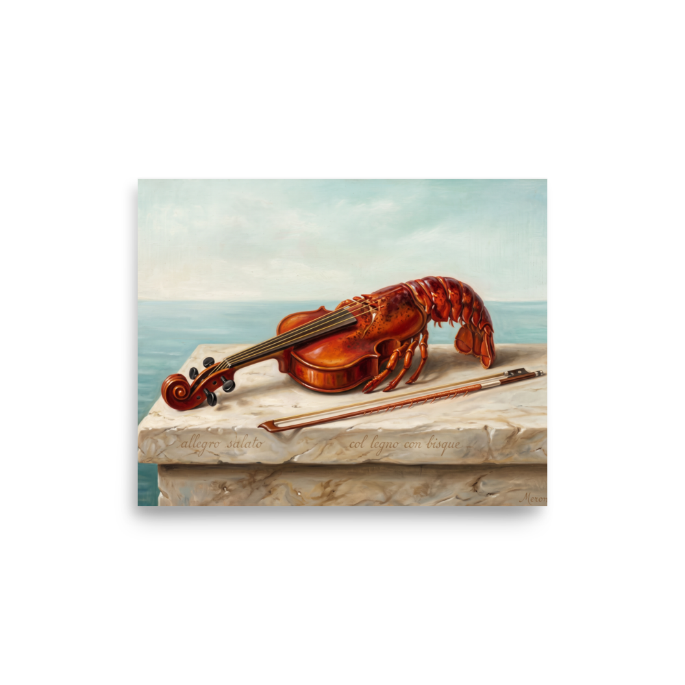 The Surrealism print 'Allegro Salato'. A witty surrealist oil painting of a violin morphed into a cooked lobster on a stone balustrade overlooking the sea, suited for a dining room.