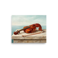 The Surrealism print 'Allegro Salato'. A witty surrealist oil painting of a violin morphed into a cooked lobster on a stone balustrade overlooking the sea, suited for a dining room.