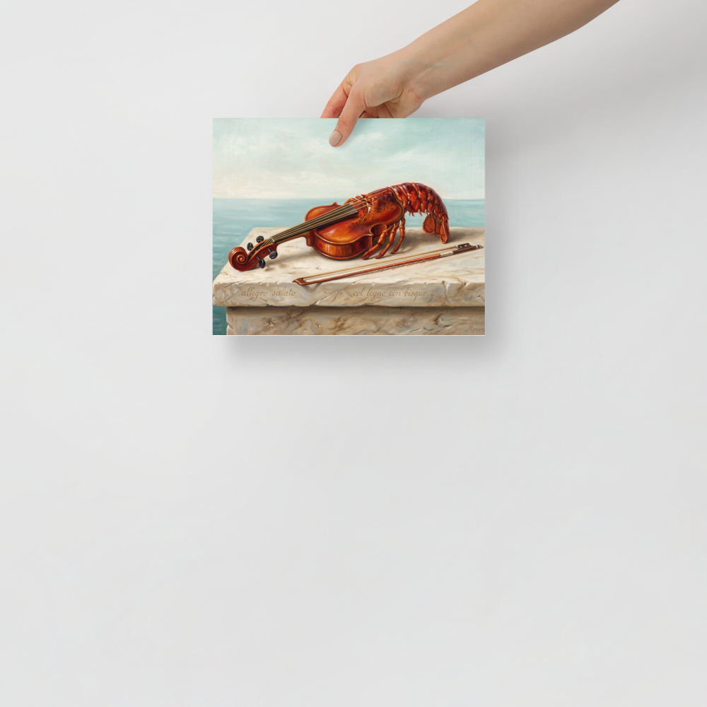'Allegro Salato', Surrealism wall art in dark red and tan. A witty surrealist oil painting of a violin morphed into a cooked lobster on a stone balustrade overlooking the sea, suited for a dining room.