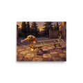 A amusement / humorous scene in gold and burly wood, 'The Trombone Hound'. A playful surrealist oil painting of a dachshund merged with a brass trombone trotting across a stone courtyard, suited for an entryway.