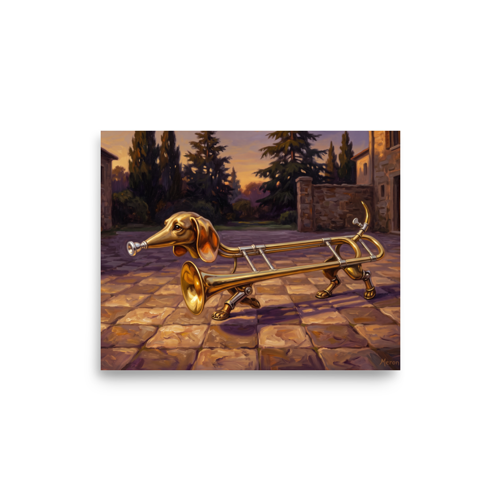 A amusement / humorous scene in gold and burly wood, 'The Trombone Hound'. A playful surrealist oil painting of a dachshund merged with a brass trombone trotting across a stone courtyard, suited for an entryway.