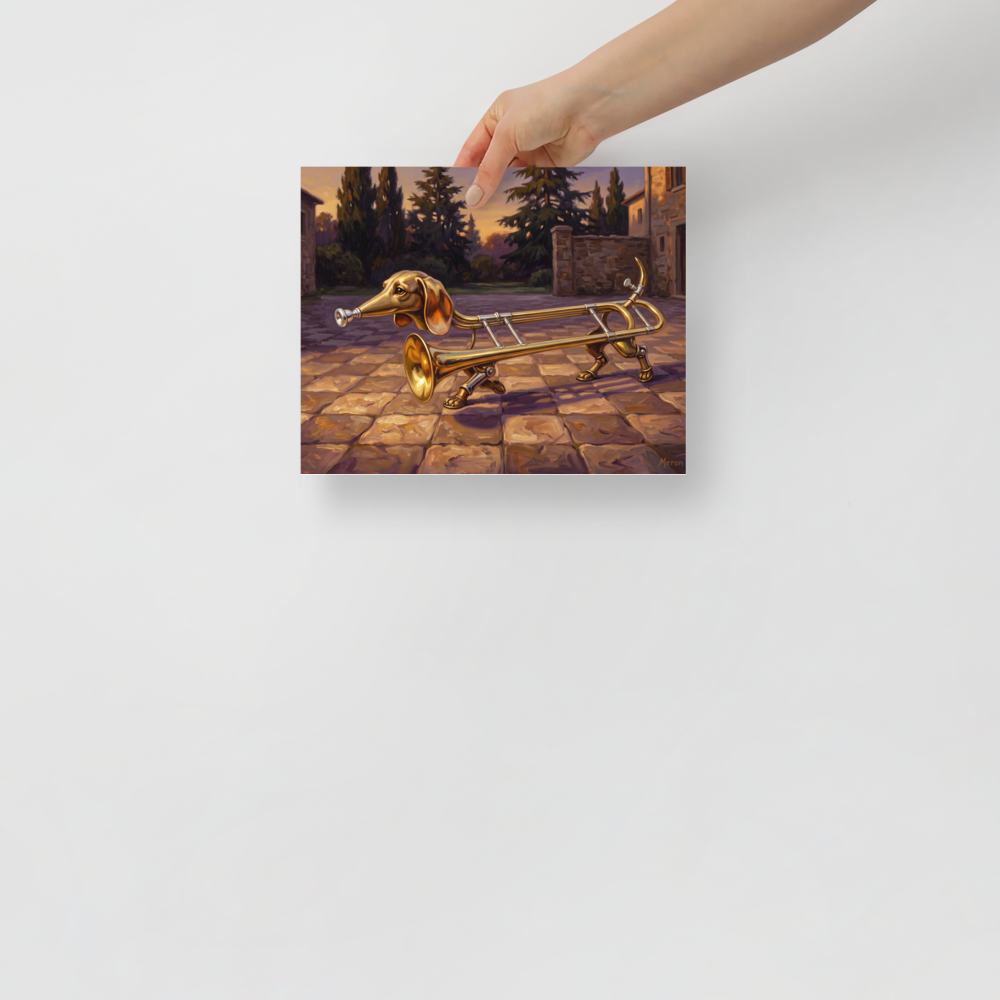 A playful surrealist oil painting of a dachshund merged with a brass trombone trotting across a stone courtyard, suited for an entryway. A Surrealism print with a oil painting look, titled 'The Trombone Hound'.