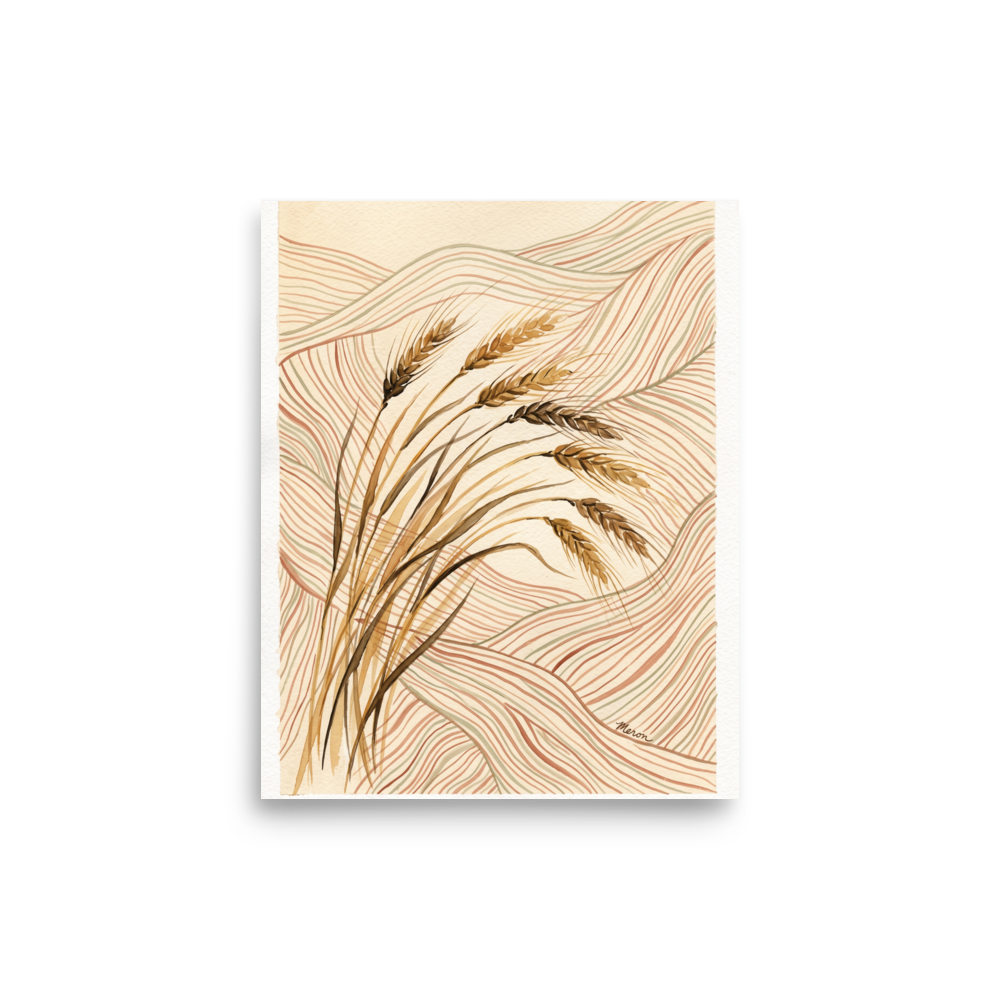 Golden watercolor wheat stalks over wavy terracotta and sage landscape contour lines, ideal for a dining room. 'Golden Harvest Contour', a Folk art print for the wall.