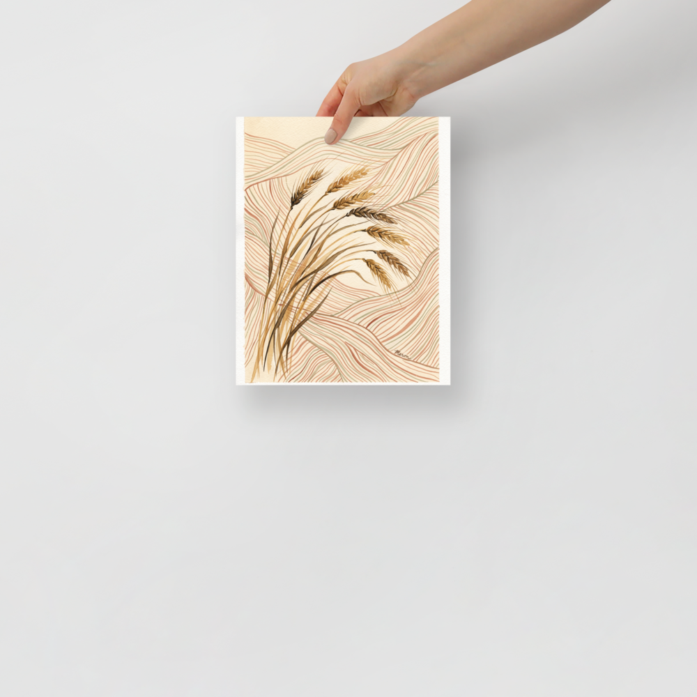 'Golden Harvest Contour', part of Meron's Folk art wall art. Golden watercolor wheat stalks over wavy terracotta and sage landscape contour lines, ideal for a dining room.