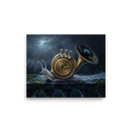 Surrealism wall art for the studio, 'Nocturne of the Snail'. A surrealist oil painting of a garden snail with a brass French horn shell leaving a musical trail along a stone ledge, ideal for a studio.