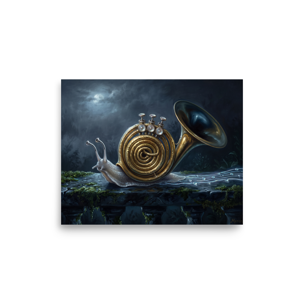 Surrealism wall art for the studio, 'Nocturne of the Snail'. A surrealist oil painting of a garden snail with a brass French horn shell leaving a musical trail along a stone ledge, ideal for a studio.