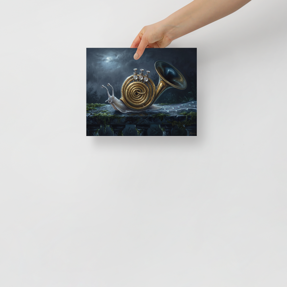 Surrealism wall art for the studio, 'Nocturne of the Snail'. A surrealist oil painting of a garden snail with a brass French horn shell leaving a musical trail along a stone ledge, ideal for a studio.
