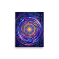 The Psychedelic art print 'Enchanted Forest Portal'. Glowing purple and cyan mandala painting set in a dark forest wall display in a meditation room.