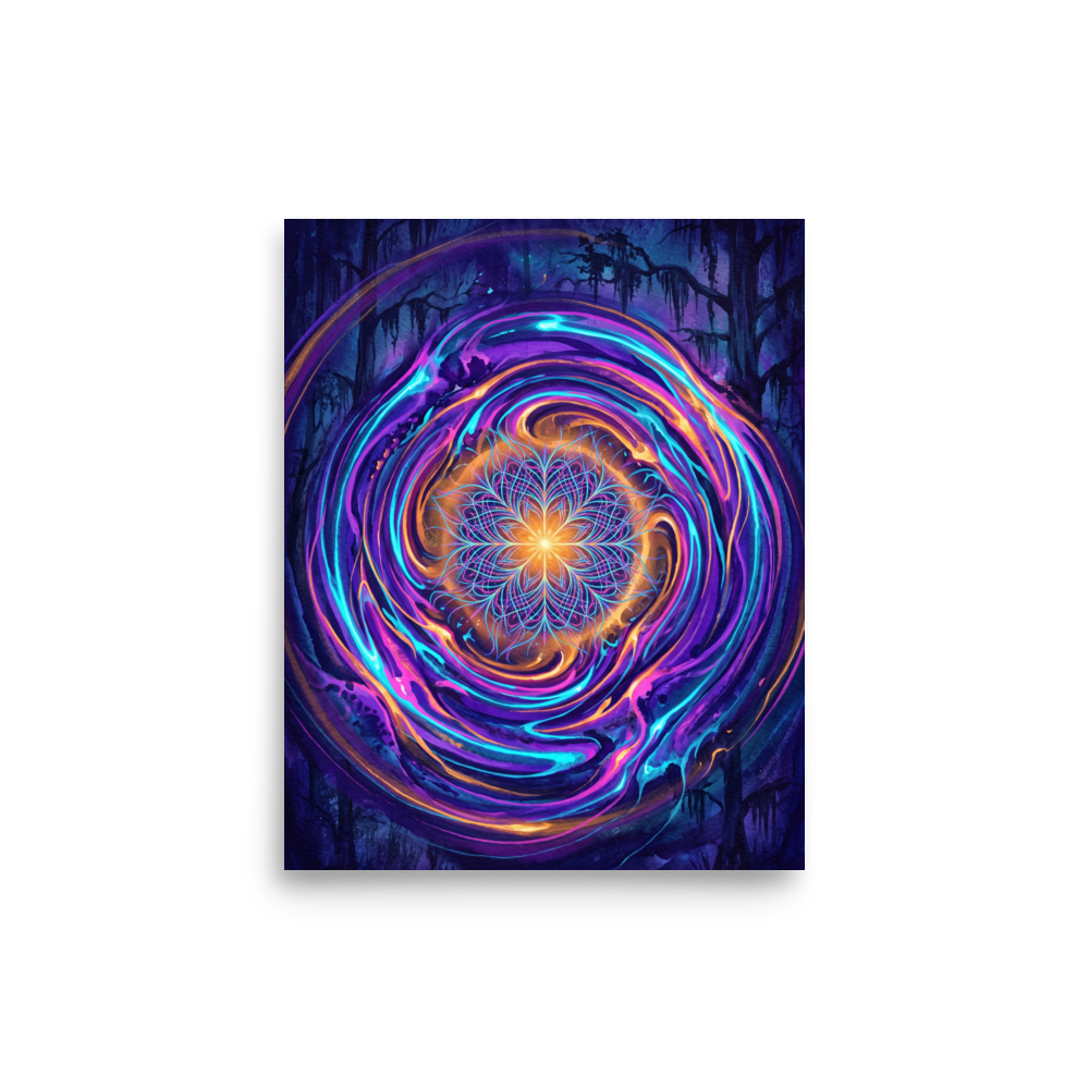 The Psychedelic art print 'Enchanted Forest Portal'. Glowing purple and cyan mandala painting set in a dark forest wall display in a meditation room.