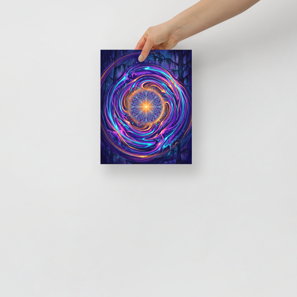 Wall art print 'Enchanted Forest Portal' in a Psychedelic art style. Glowing purple and cyan mandala painting set in a dark forest wall display in a meditation room.