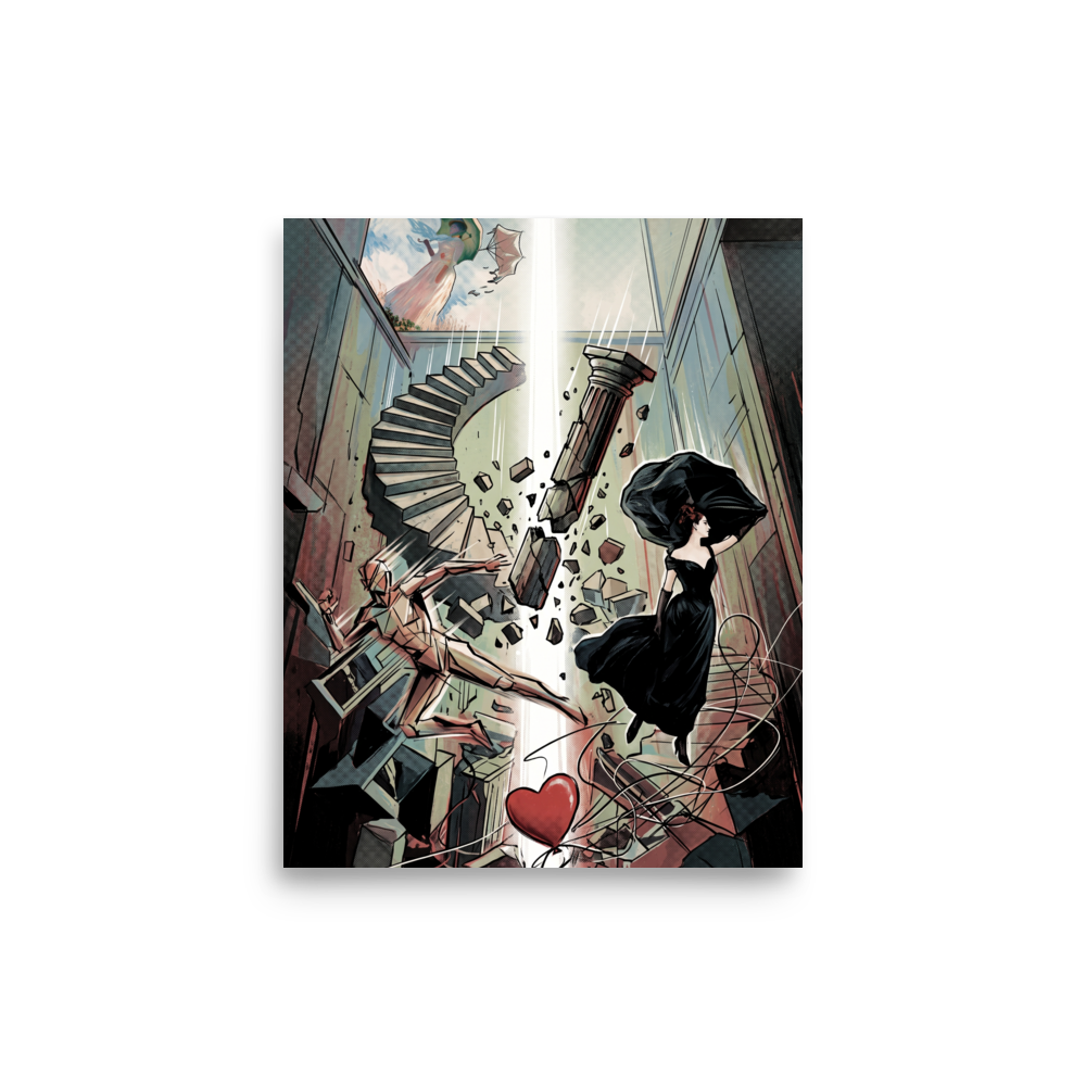 Pop art wall art exploring art, 'Falling Masterpieces'. A vertical pop art graphic depicting Sargent's Madame X floating amidst crumbling architectural ruins and a red heart balloon, ideal for a modern living room.
