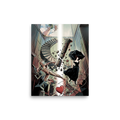 Pop art wall art exploring art, 'Falling Masterpieces'. A vertical pop art graphic depicting Sargent's Madame X floating amidst crumbling architectural ruins and a red heart balloon, ideal for a modern living room.