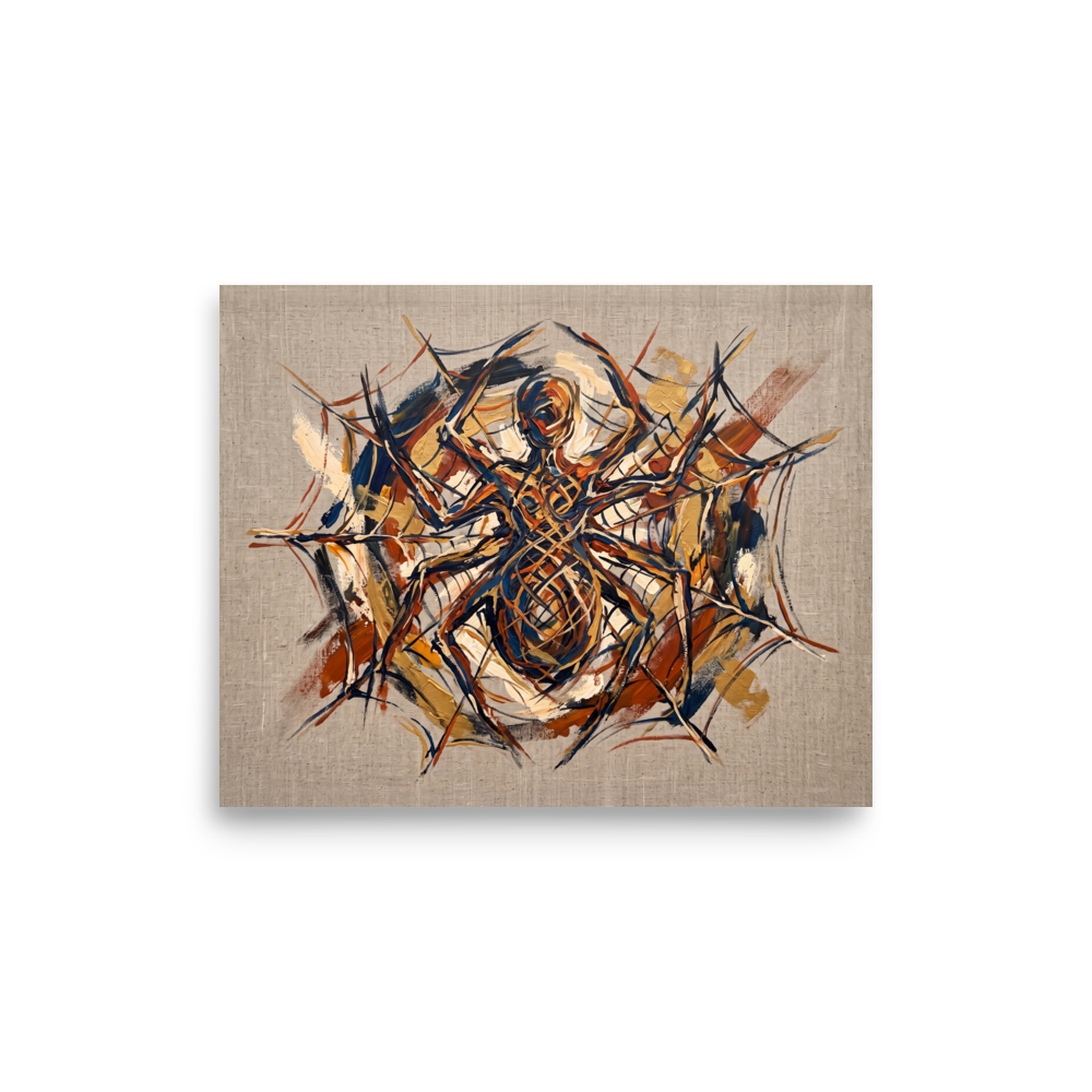 An expressive painting of a large spider in its web, rendered in thick strokes of navy, copper, and gold on a beige background, perfect for a unique office display. A mystical / mysterious piece titled 'Arachne's Pride'.