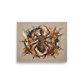 An expressive painting of a large spider in its web, rendered in thick strokes of navy, copper, and gold on a beige background, perfect for a unique office display. A mystical / mysterious piece titled 'Arachne's Pride'.