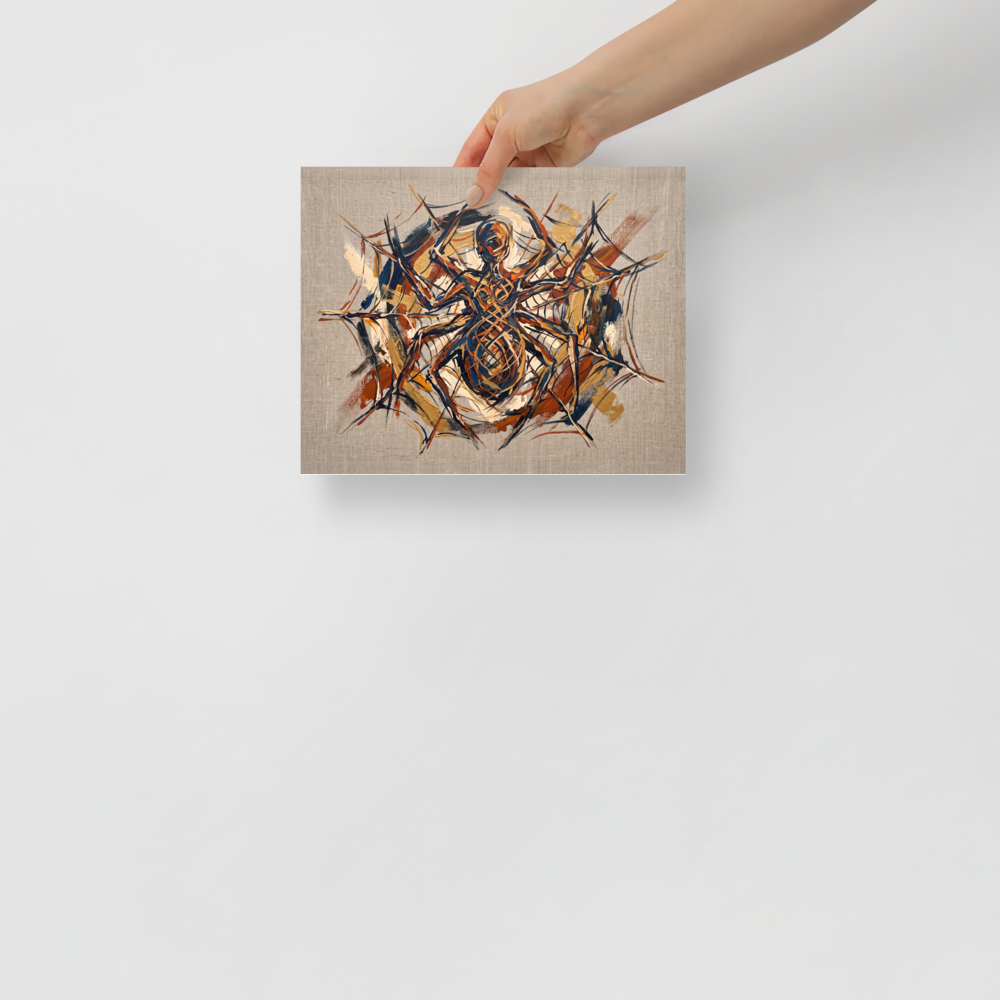 'Arachne's Pride', part of Meron's Expressionism wall art. An expressive painting of a large spider in its web, rendered in thick strokes of navy, copper, and gold on a beige background, perfect for a unique office display.