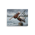 A striking scene in dark slate gray and dark green, 'The Pelican Piper'. A surrealist oil painting of a pelican merged with Scottish highland bagpipes perched on a coastal pier, ideal for a living room.