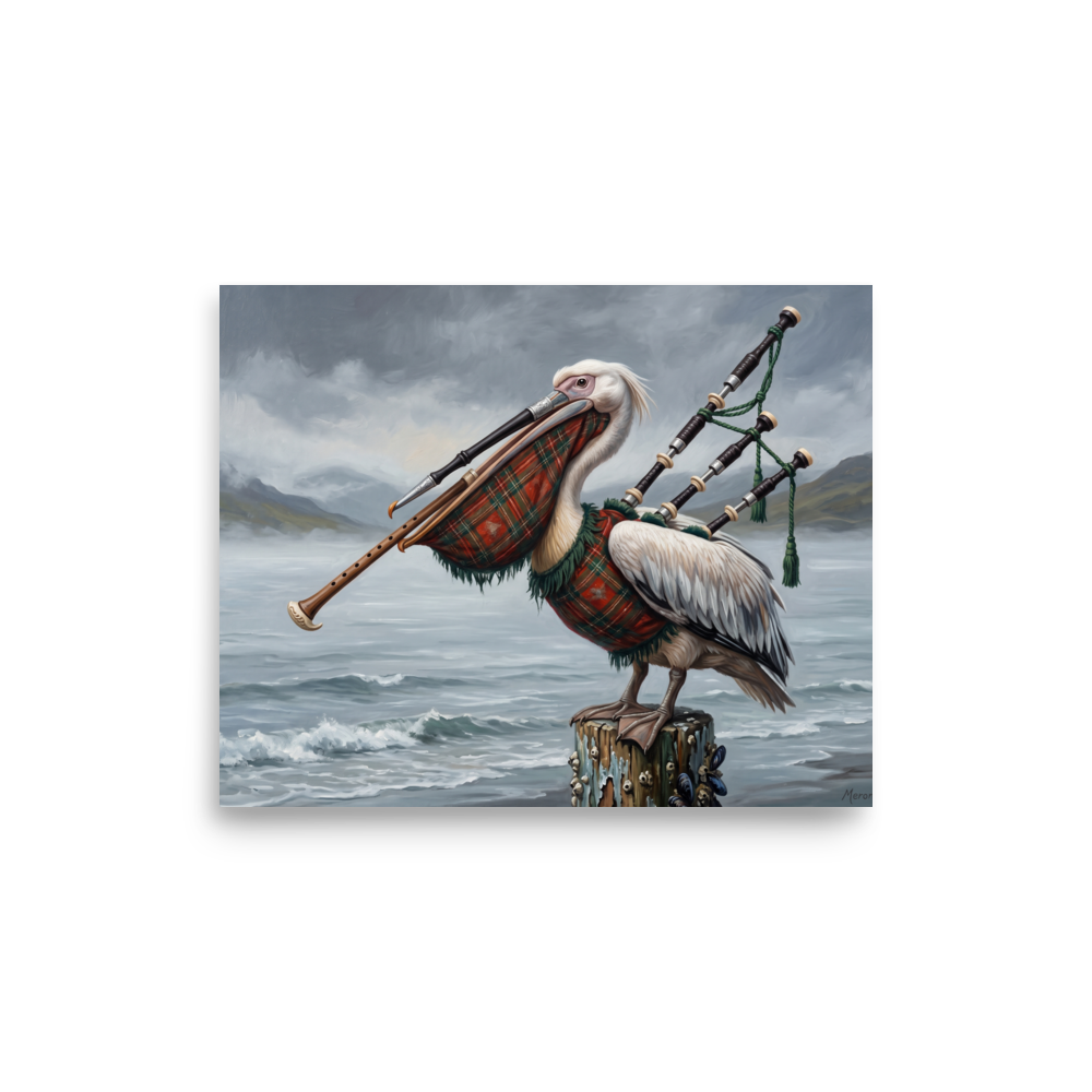 A striking scene in dark slate gray and dark green, 'The Pelican Piper'. A surrealist oil painting of a pelican merged with Scottish highland bagpipes perched on a coastal pier, ideal for a living room.