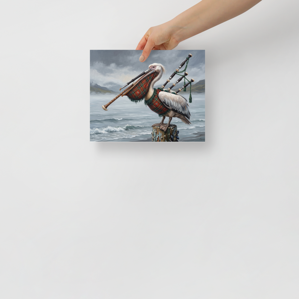 Wall art print 'The Pelican Piper' in a Surrealism style. A surrealist oil painting of a pelican merged with Scottish highland bagpipes perched on a coastal pier, ideal for a living room.