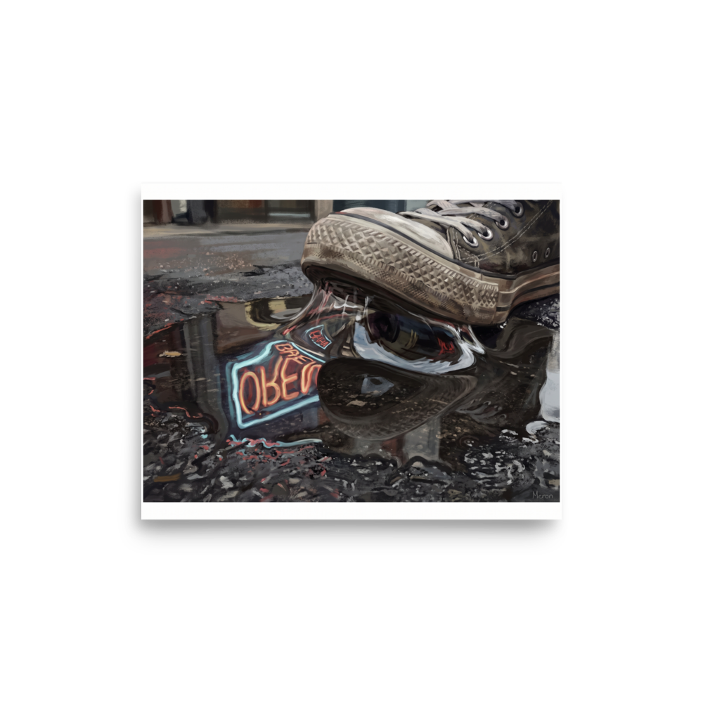 The Realism print 'Stuck in the Neon Rain'. A black high-top sneaker stepping on sticky gum over a puddle reflecting a neon open sign in an urban entryway.