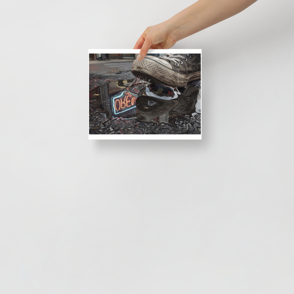 Realism wall art for the living room, 'Stuck in the Neon Rain'. A black high-top sneaker stepping on sticky gum over a puddle reflecting a neon open sign in an urban entryway.
