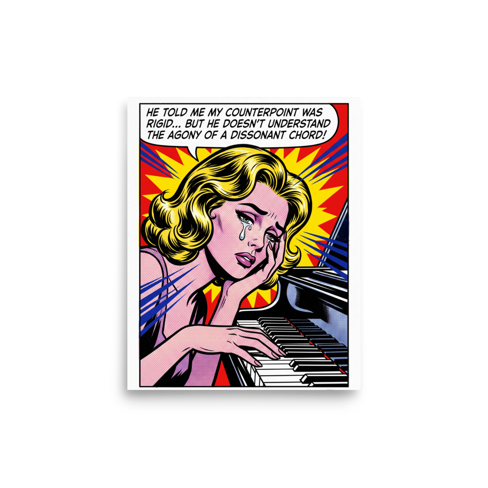 A retro comic pop art print of a weeping pianist at a grand piano, ideal for a stylish music studio. A amusement / humorous piece titled 'The Dissonant Chord'.