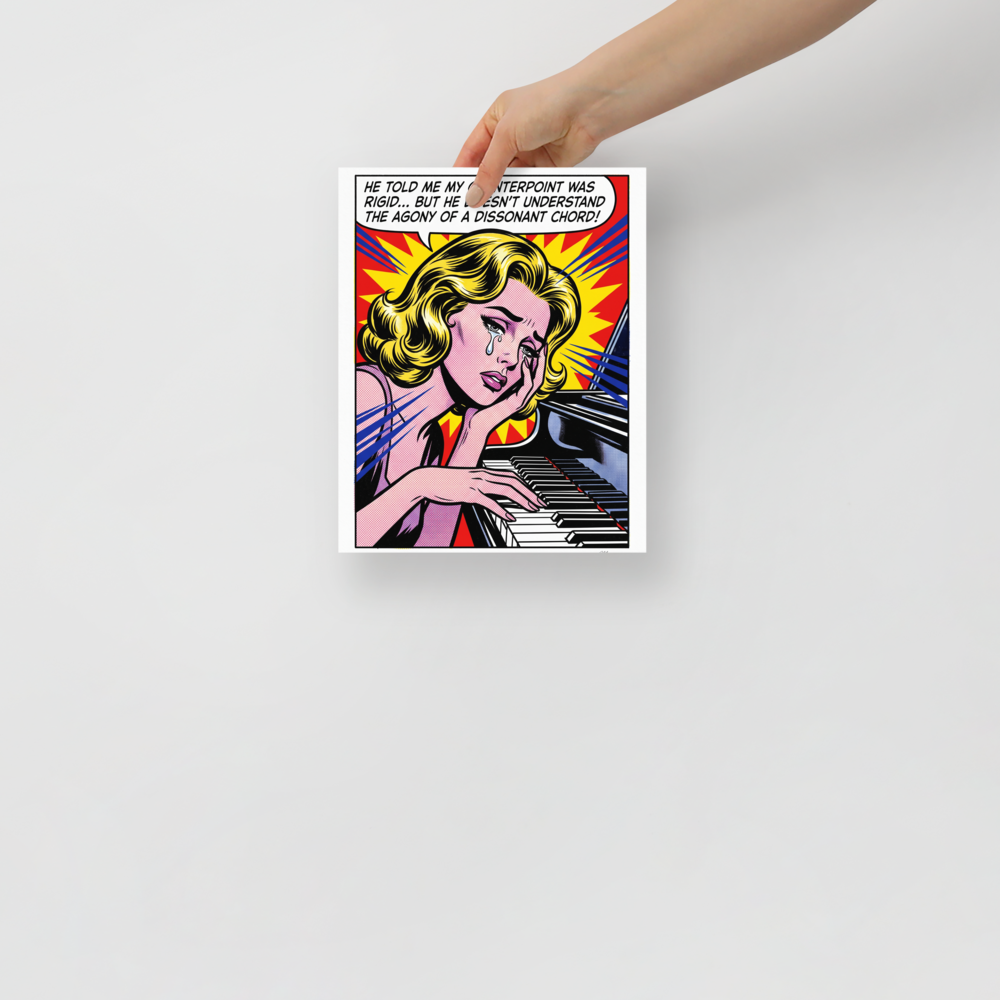 'The Dissonant Chord', Pop art wall art in yellow and red. A retro comic pop art print of a weeping pianist at a grand piano, ideal for a stylish music studio.