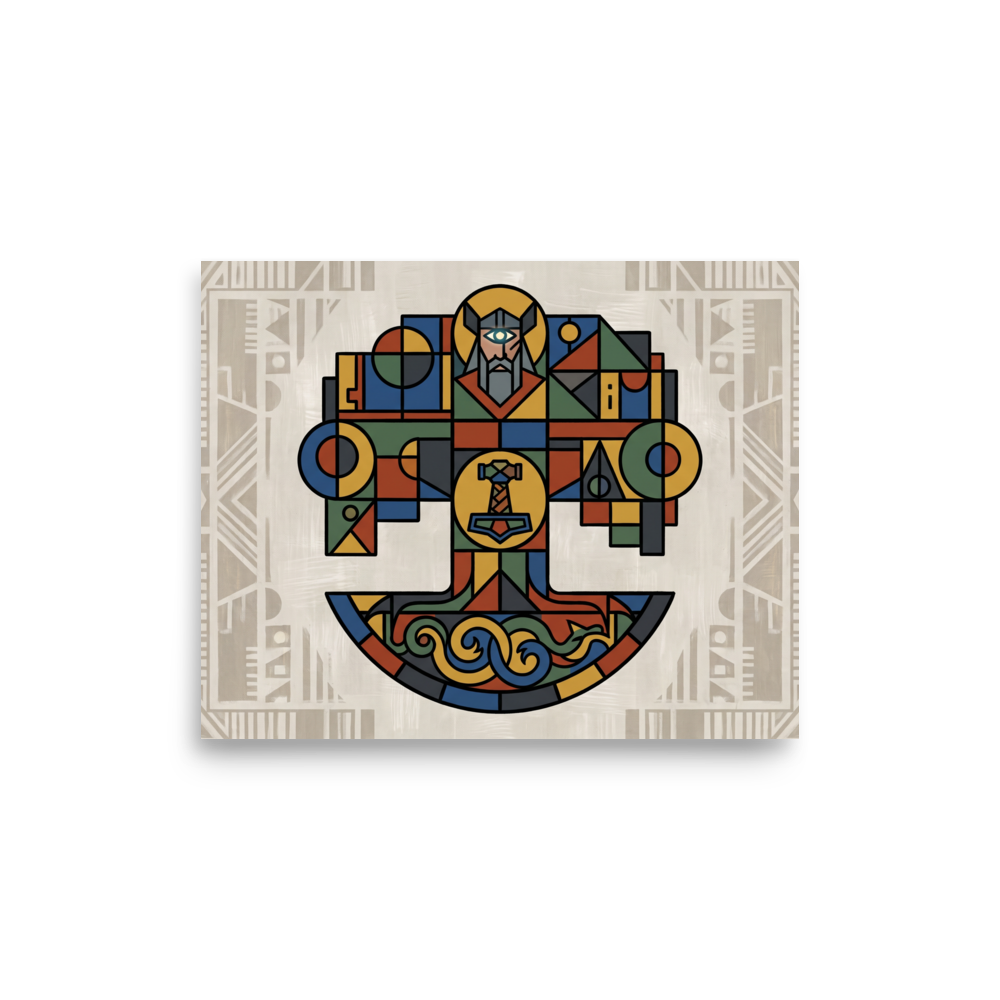 The Geometric abstract art print 'The World Tree Mosaic'. A geometric mosaic painting of Yggdrasil, Odin, and Mjolnir on a beige linen background in a Den / Snug decor setting.