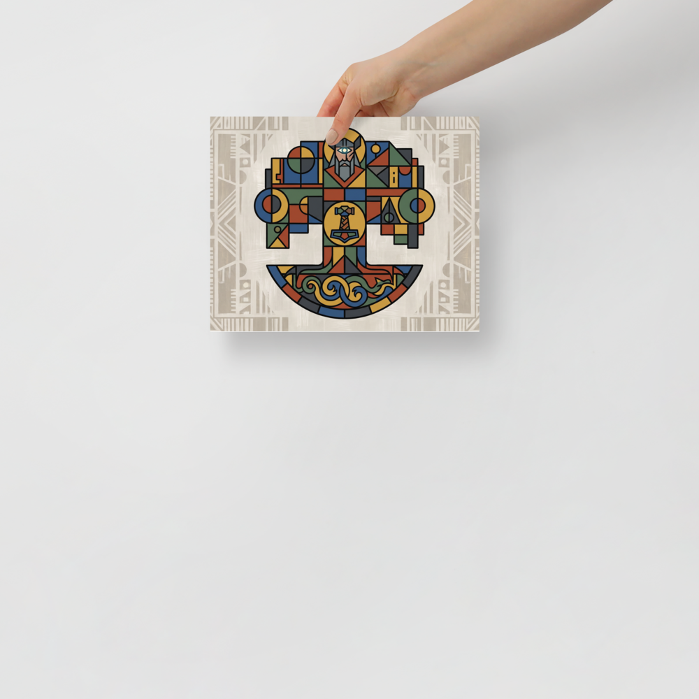 'The World Tree Mosaic'. A geometric mosaic painting of Yggdrasil, Odin, and Mjolnir on a beige linen background in a Den / Snug decor setting. Offered as a Geometric abstract art print.