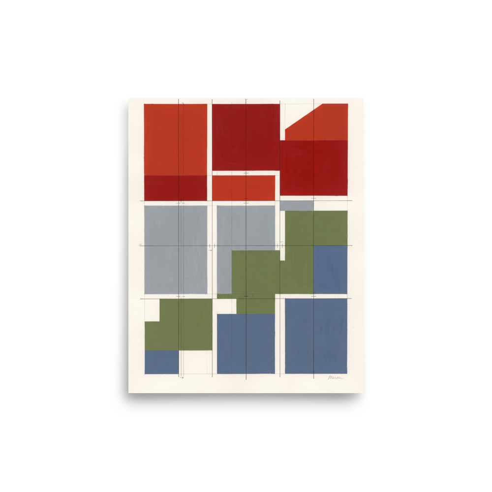 A Bauhaus inspired geometric grid artwork with red, blue, and green color blocks on cream paper, suited for an office. Shown here as the Bauhaus print 'Modular Elevations'.