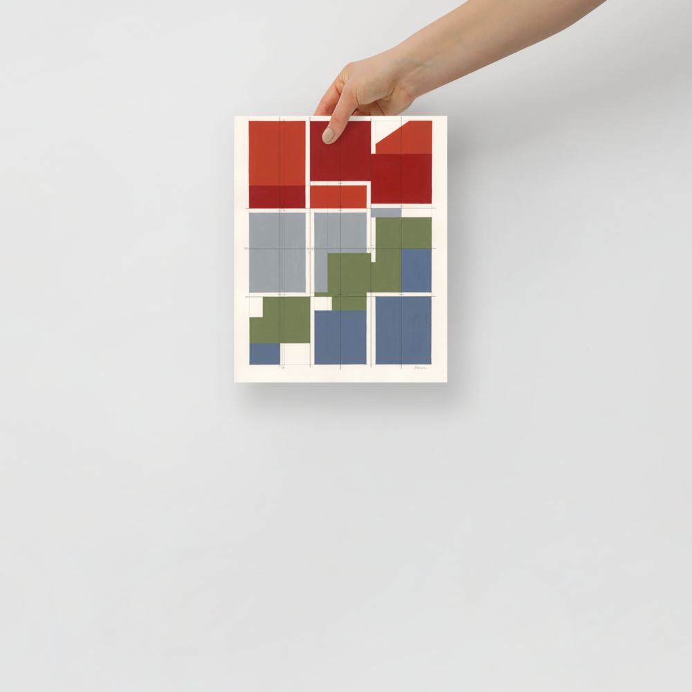 A Bauhaus inspired geometric grid artwork with red, blue, and green color blocks on cream paper, suited for an office. A Bauhaus print in dark red and steel blue, 'Modular Elevations'.