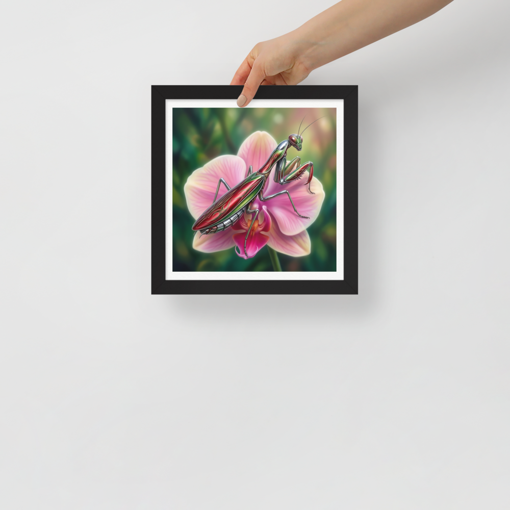 'Chrome Mantis' — a Surrealism print. A vibrant illustration of a metallic praying mantis painted like a hot rod in cherry red and chrome sitting on a pink orchid, perfect for a studio.