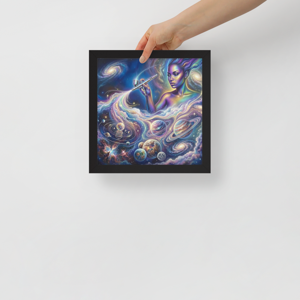 'The Cosmic Painter' — a Space art print. A glowing, ethereal woman painting planets and galaxies into a vibrant cosmic sky using an airbrush, a stunning focal point for a Bedroom.