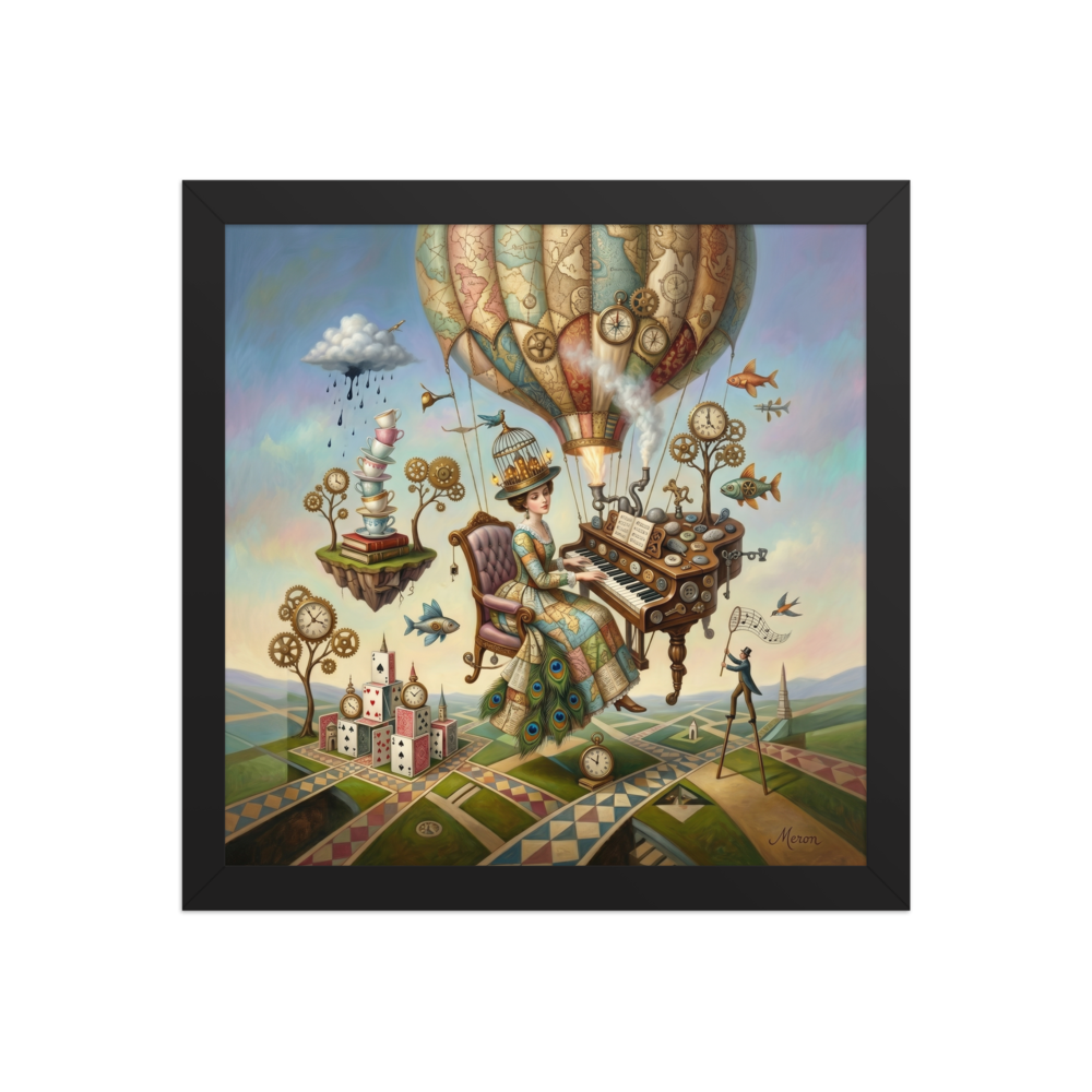 A surreal painting of a woman in a map-patterned dress playing a floating steampunk piano beneath a hot air balloon, surrounded by flying fish, floating clocks, and a landscape of playing cards.