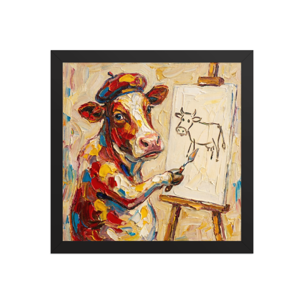 'The Bovine Artist' — a Post-Impressionism print. A colorful cow wearing a beret paints a stick-figure cow on an easel in this humorous living room art.
