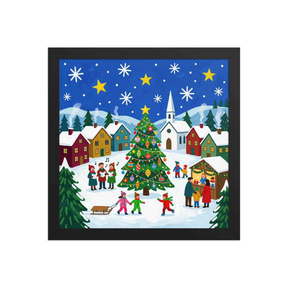 'Joyous Christmas Village' — a Naive art print. A cheerful Naive Art painting of a snowy Christmas village with a brightly decorated tree, carolers singing, and children playing, perfect for a lively Living Room.