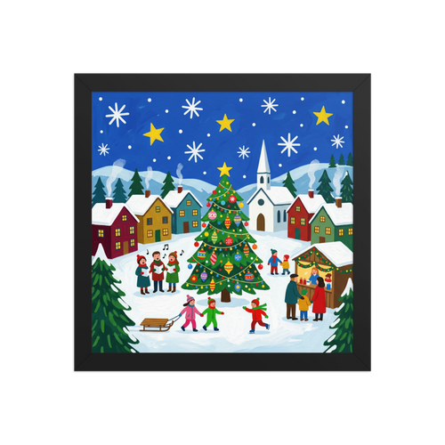 'Joyous Christmas Village' — a Naive art print. A cheerful Naive Art painting of a snowy Christmas village with a brightly decorated tree, carolers singing, and children playing, perfect for a lively Living Room.