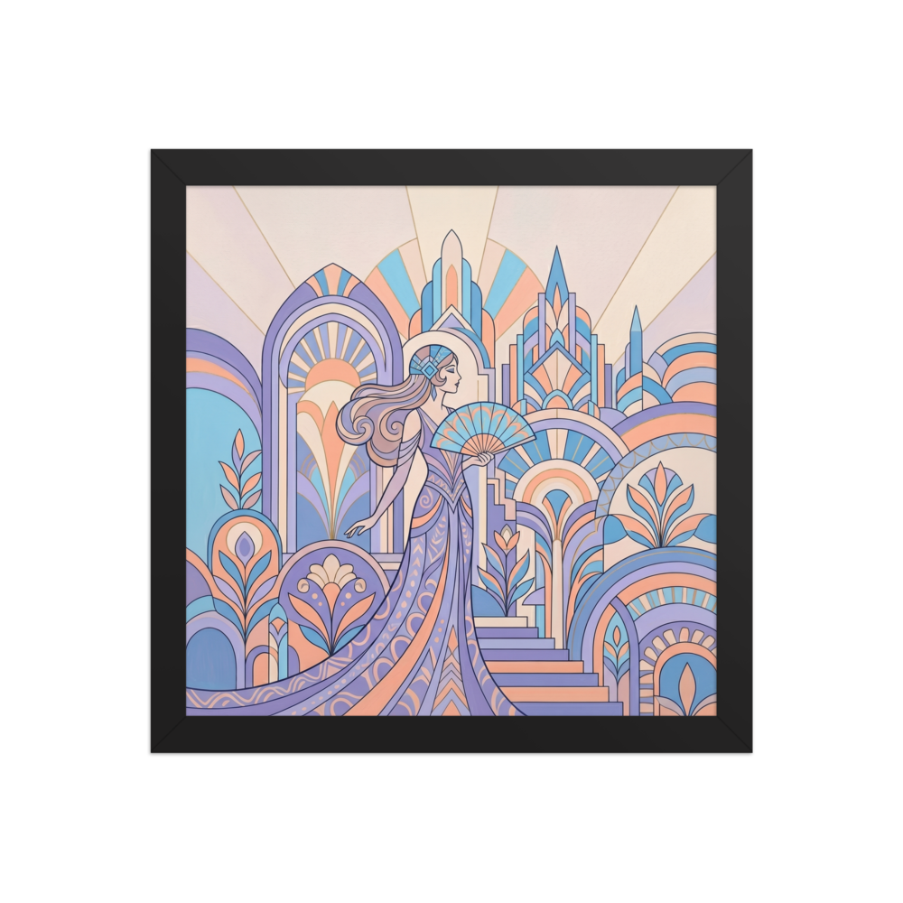 'Pastel Metropolis Glamour' — a Art Deco print. A pastel Art Deco illustration of an elegant woman holding a fan in front of a geometric cityscape, perfect for a chic bedroom.