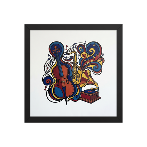 'Symphony of Colors' — a Cloisonnism,Pop art print. A colorful cloisonnism illustration of a cello, saxophone, and record player with swirling musical notes and colorful ribbons against a white background.