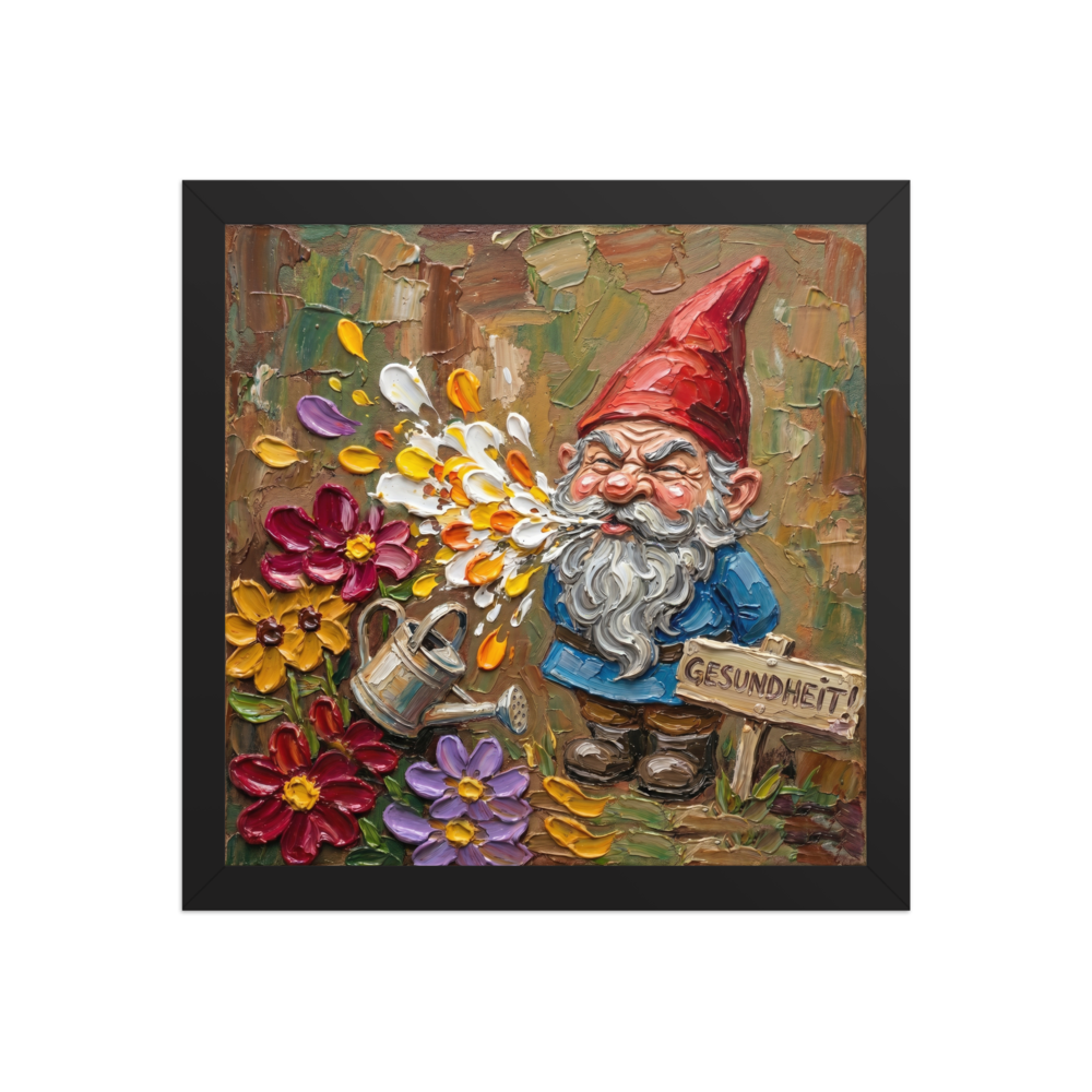 'Gesundheit Gnome' — a Post-Impressionism print. A humorous textured painting of a garden gnome sneezing colorful flower petals, perfect for adding charm to an entryway.