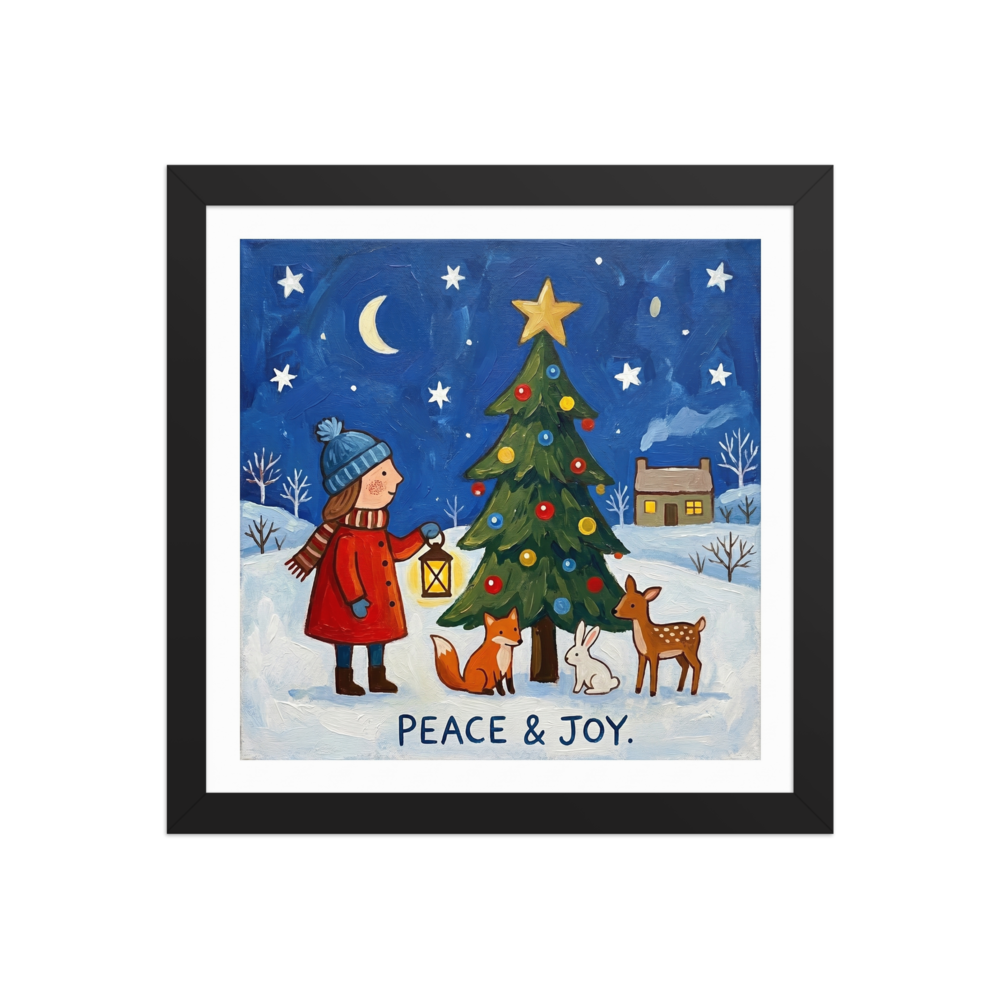 'Peace and Joy' — a Naive art print. A child holding a lantern next to a decorated Christmas tree with a fox, rabbit, and deer in the snow under a starry night sky with the words 'PEACE & JOY.', lovely for a cozy living room.