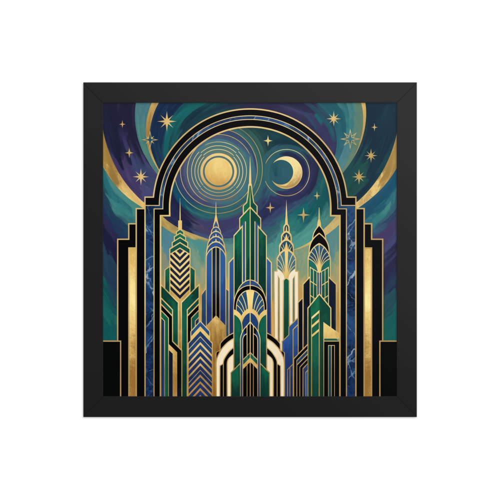'Midnight Metropolis' — a Art Deco print. A stylized night cityscape with grand Art Deco towers beneath a starry sky featuring both the sun and moon, a captivating piece for a living room or office.