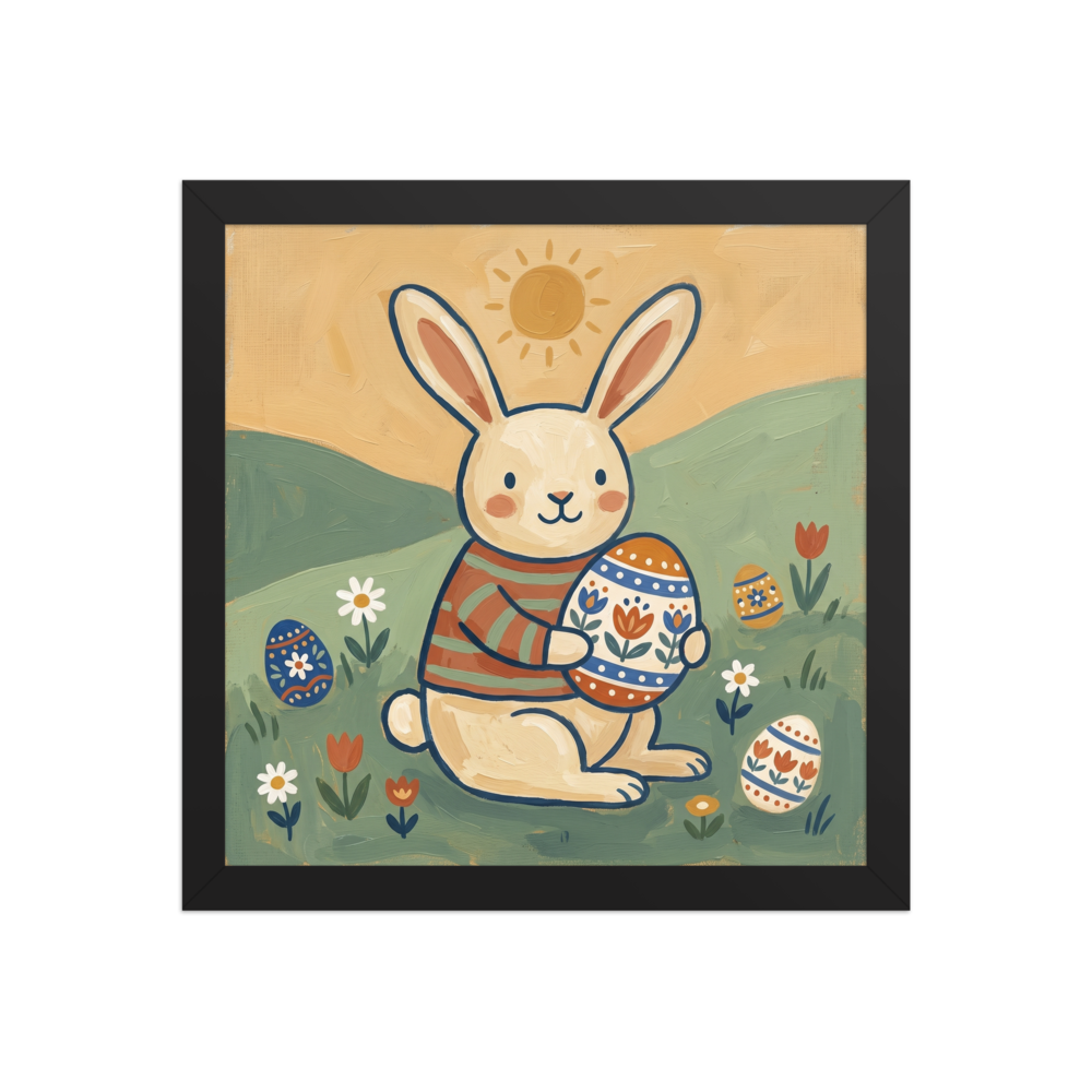 'Springtime Bunny' — a Naive art print. A delightful Naive Art painting of a cute bunny in a striped shirt sitting in a sunny field holding a large decorated Easter egg, charming for a Nursery.