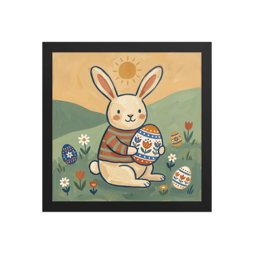 'Springtime Bunny' — a Naive art print. A delightful Naive Art painting of a cute bunny in a striped shirt sitting in a sunny field holding a large decorated Easter egg, charming for a Nursery.