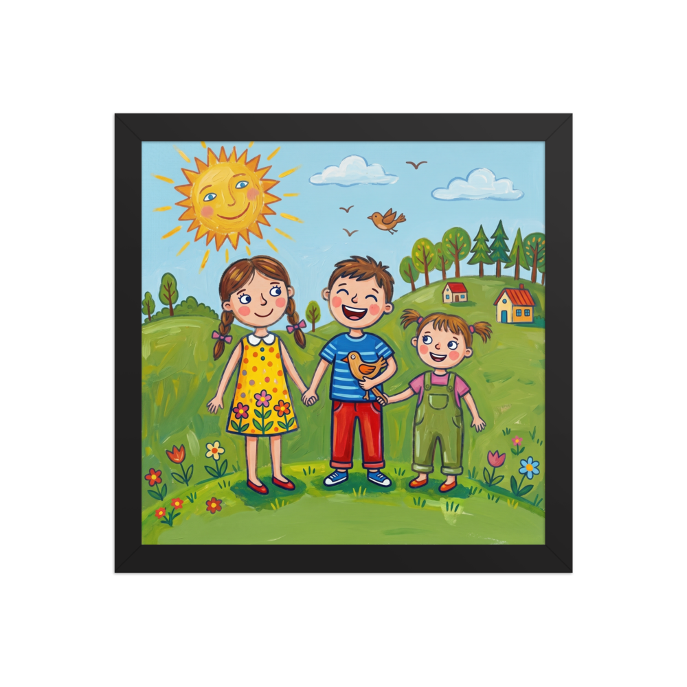 'Friends in the Sun' — a Naive art print. Three smiling children holding hands on a green hill with flowers, trees, houses and a smiling sun, perfect for a lively playroom.