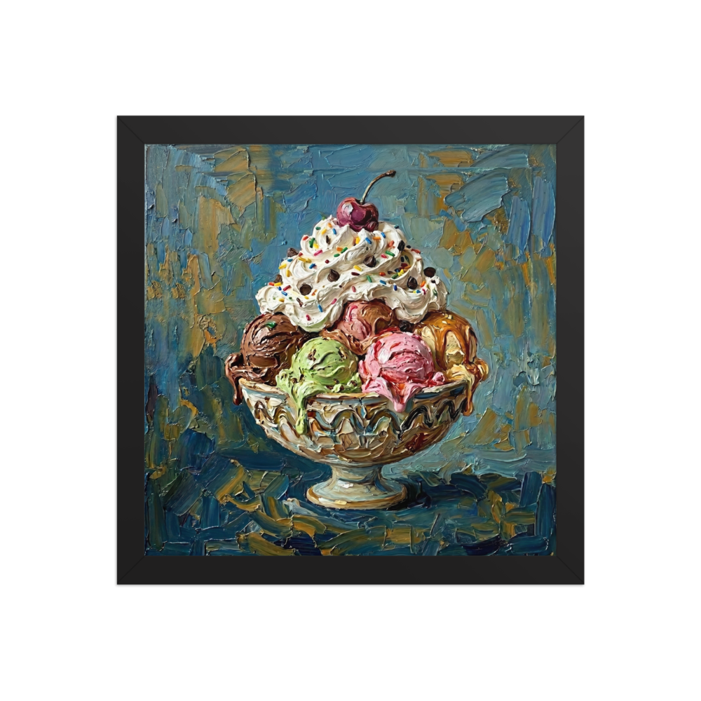 'The Ultimate Sundae' — a Pop art print. A decadent ice cream sundae topped with whipped cream, sprinkles, and a cherry, perfect for sweetening a dining room space.