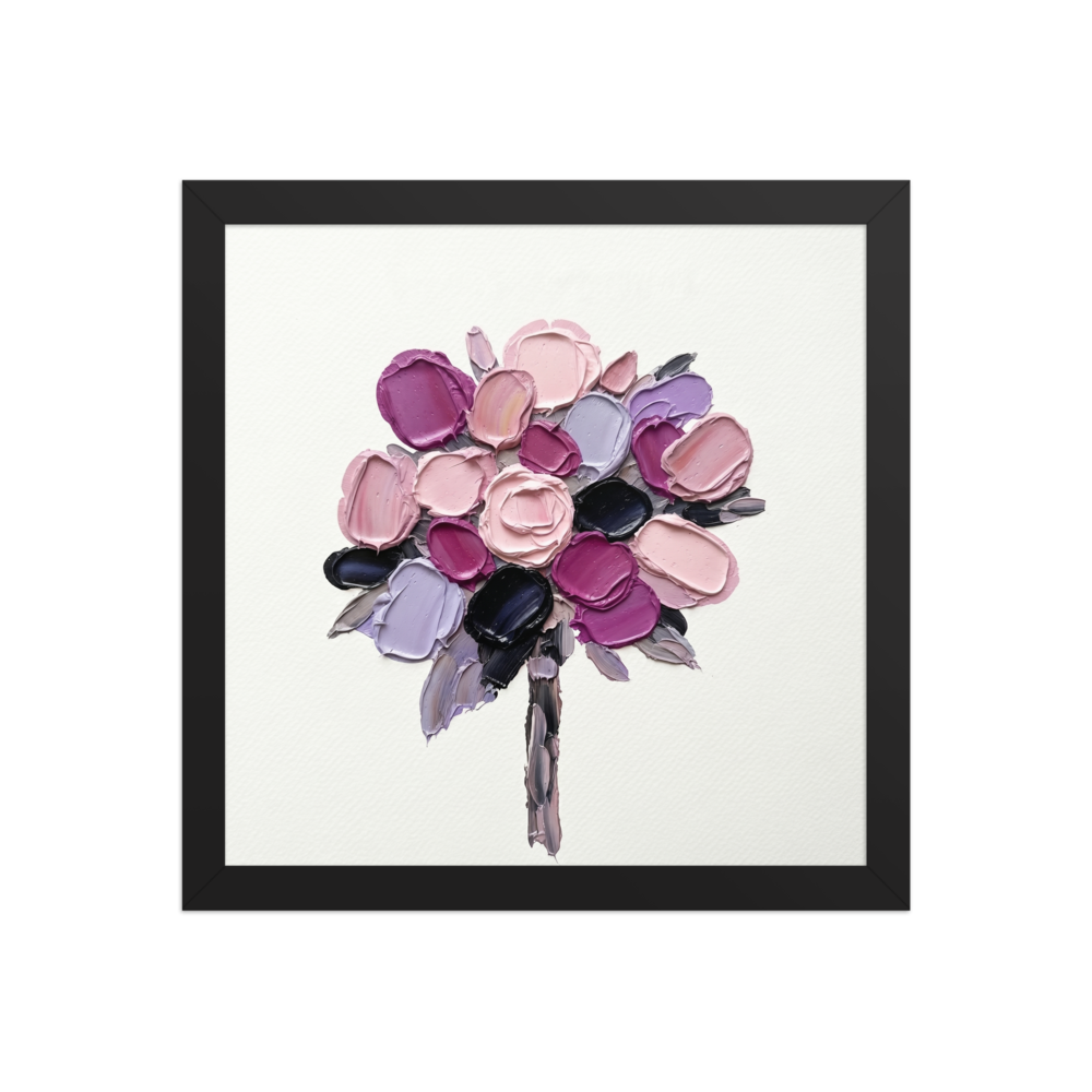 'Bloom in Relief' — a Expressionism print. A textured oil painting of pink and purple flowers on a white background, perfect for a chic Office or Bedroom.