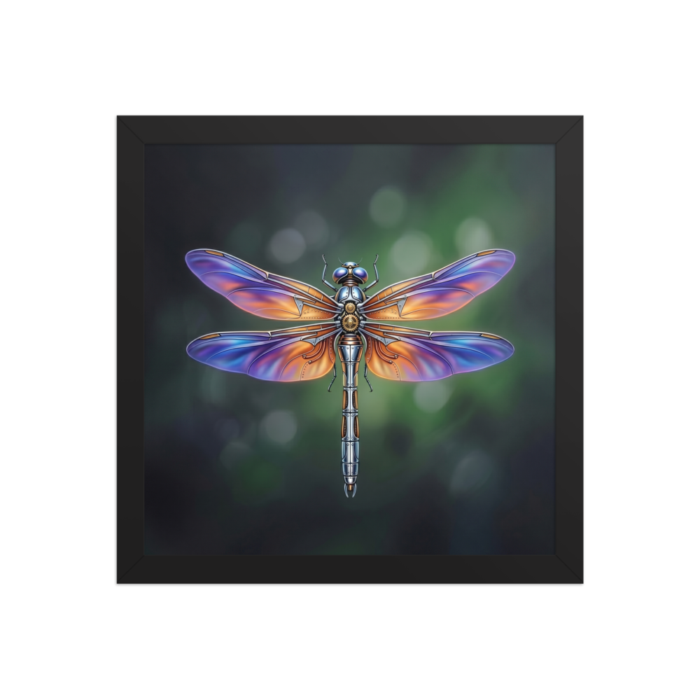 'Gears of the Dragonfly' — a Surrealism print. A highly detailed mechanical dragonfly with glowing purple and orange wings and brass gears on its back, set against a dark green background, perfect for a Living Room.