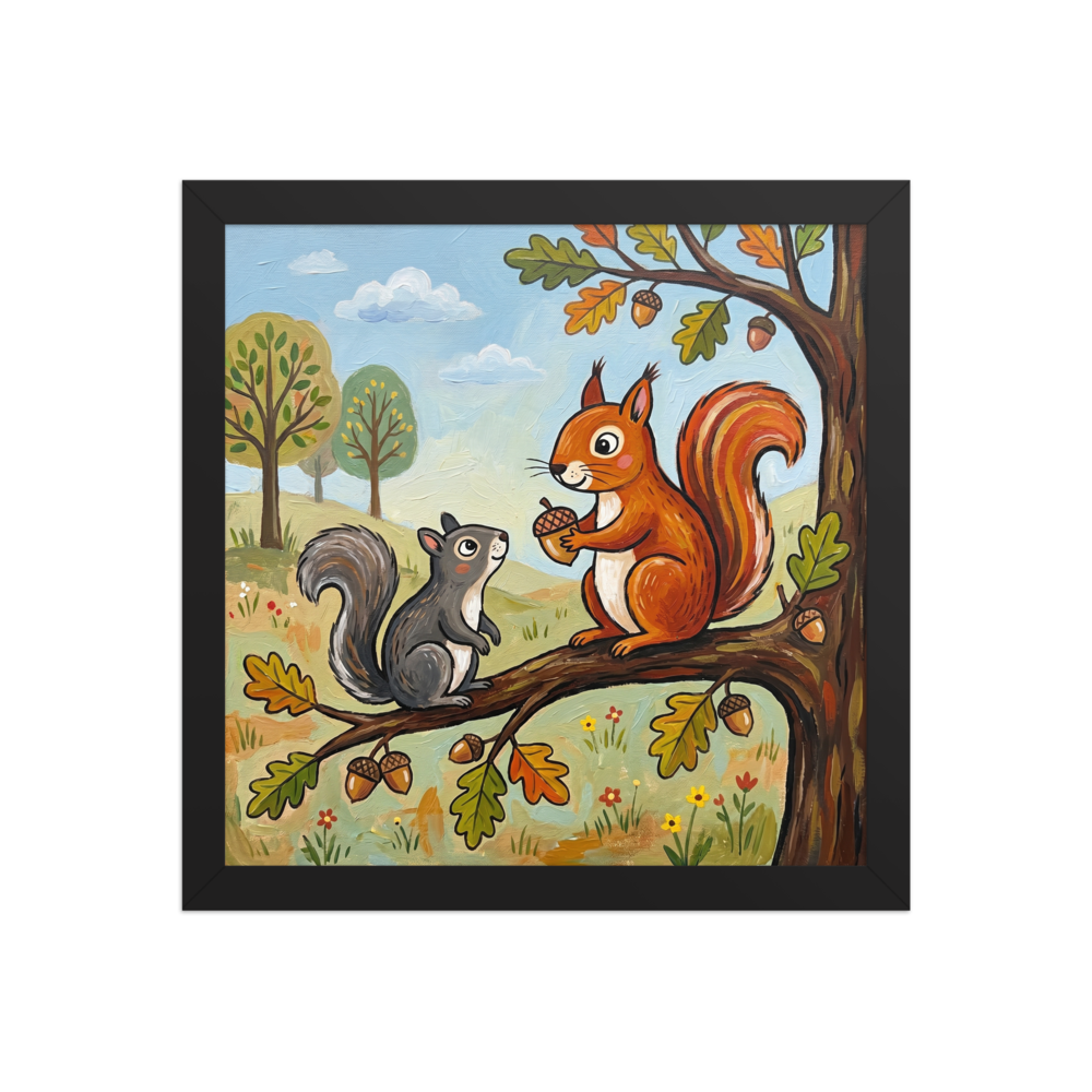 'The Nut Gatherers' — a Naive art print. Two cute squirrels sitting on an oak tree branch holding acorns against a light blue sky and fields, great for a rustic kitchen or nursery.
