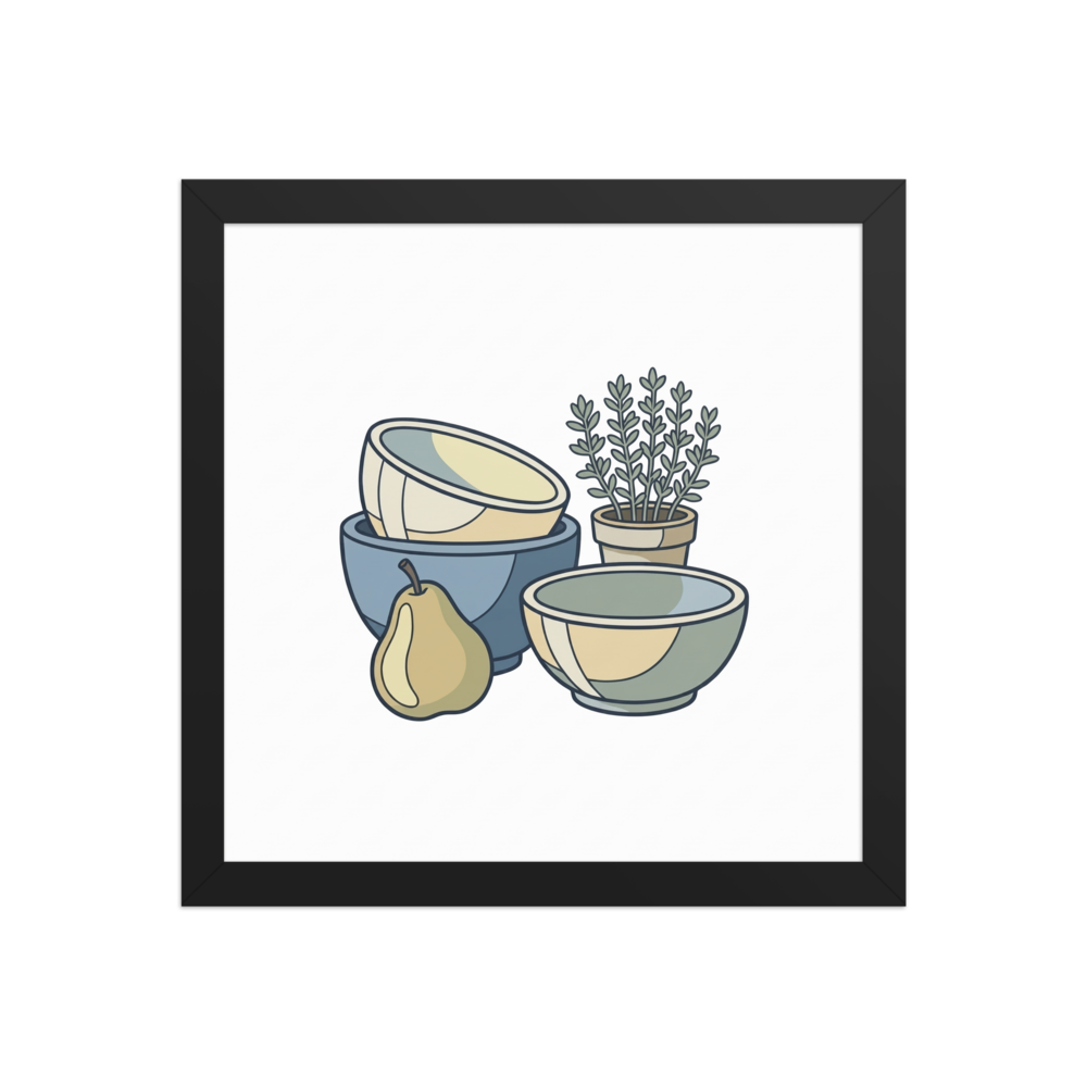 'Quiet Kitchen Still Life' — a Cloisonnism,Minimalism print. A minimalist cloisonnism illustration of a pear, a potted herb, and a stack of bowls in muted blue and cream colors.
