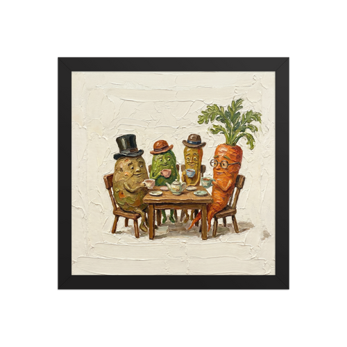 'A Proper Brew' — a Pop art,Lowbrow print. Humorous impasto painting of vegetables wearing hats and having tea around a table, perfect for a dining room.